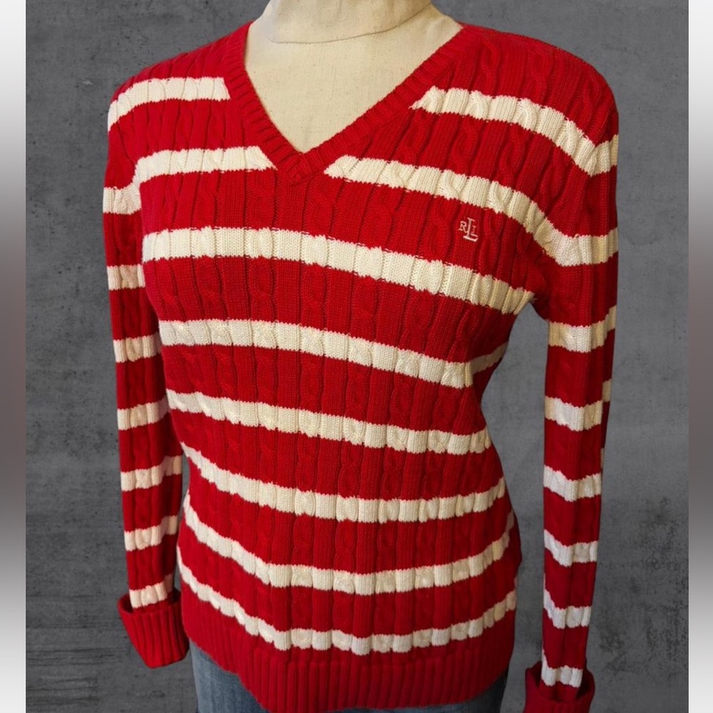 Ralph Lauren V Neck Cableknit Red White Striped Preppy Cotton Sweater - Picture 3 of 5